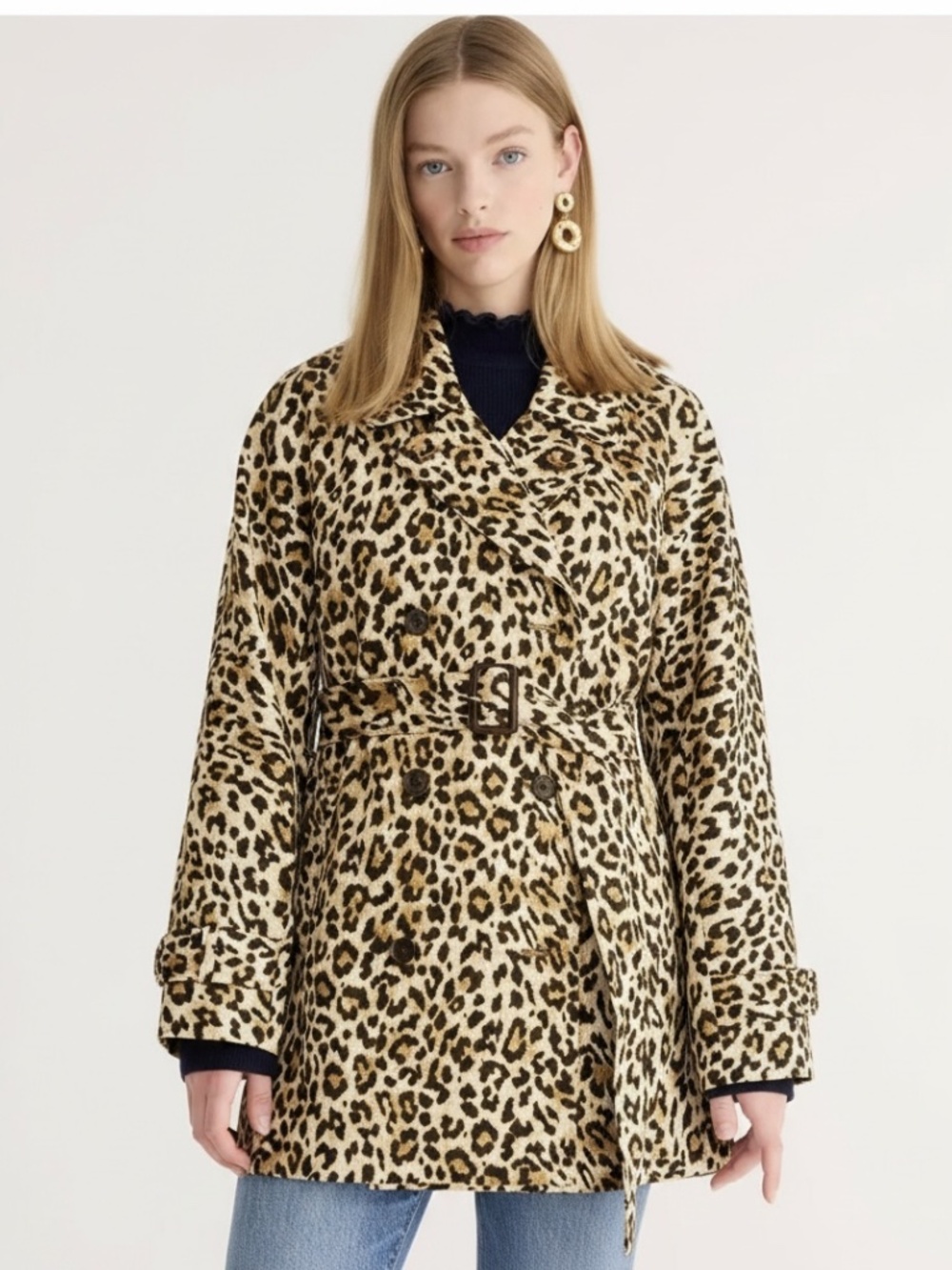 J.Crew Collection Leopard Print Short Trench Coat Belted Cotton Size S